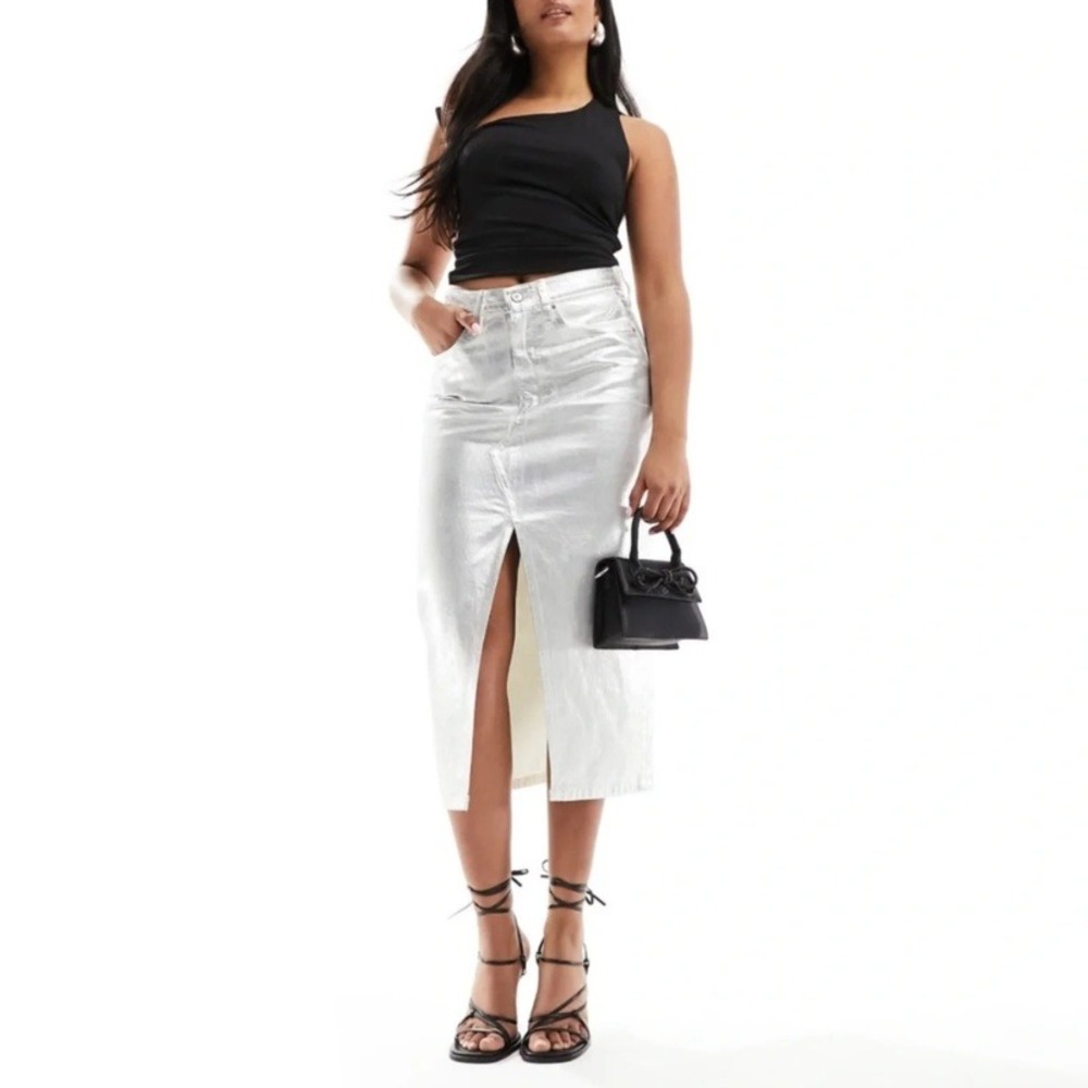 Abercrombie & Fitch High Rise Metallic Silver Coated Denim Midi Skirt 31 / 12 - Picture 2 of 9